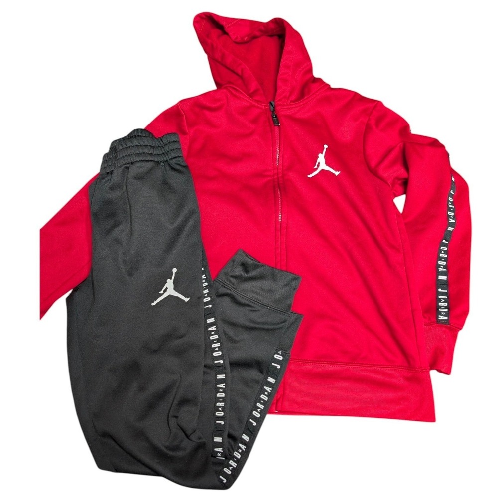 Jordan Tracksuit Set Red Black Polyester Logo Tape Zip Hoodie Joggers Kids S